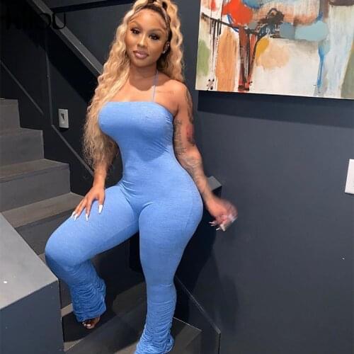 Kliou Bandage Solid Stacked Jumpsuits Women Strap Sleeveless Skinny Casual Streetwear Workout Active Fashion Ruched Rompers