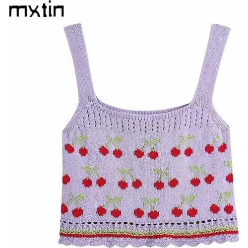 MXTIN 2021 Women Summer Vintage Print Cropped Vest Sweater Fashion Square Collar Sleeveless Female Jumper Waistcoat Casual Tops