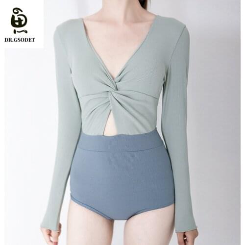 GSODET One-Piece Push-Up Swimsuit 2021 Women Summer Korean Ins Long-Sleeve Halter Bathing Suit Student Swimwear Bikini Beachwear