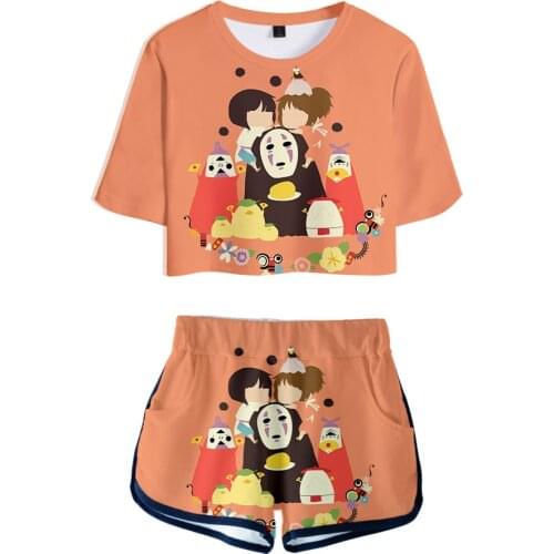Spirited Away Comics 2 Two Piece Set Women O Neck Crop Top Set Sexy Summer Short Sleeve Tracksuit Women Conjunto Feminino 2019