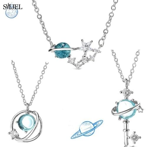 SMJEL Fantasy Planet Star Necklaces for Women Girls Cz Moon Star Key Pendant Necklace Siver Jewelry Choker Collier Femme Gifts