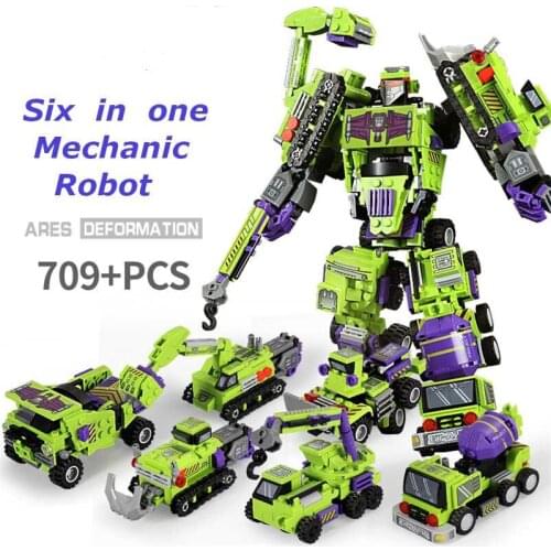 709 Pcs 6in1 Deformable Robot Building Blocks City Engineering Excavator Car Truck Constructor Small Bricks Toys