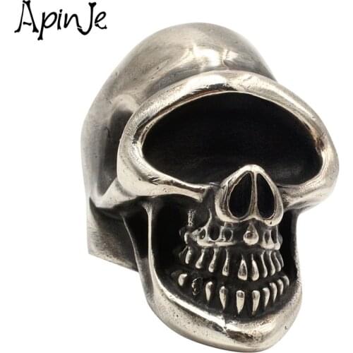 Apinje Heavy Punk Skull Ring for Men Real 925 Sterling Silver Jewelry Motorcycle Biker Men Big Rings Skeleton Finger Band