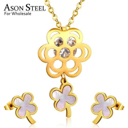 ASONSTEEL Flower Shell Stainless Steel Gold Wedding Jewelry Sets for Women Cubic Zirconia Necklace Pendant Small Stud Earring