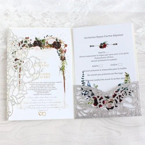 Glitter Rose Flower Invitation Card Laser Cut Tri-Fold Silver Pocket Holiday Greetings Customized Printing 50 Sets