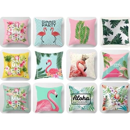 Printed Flamingo Pillow Case Tropical Green Plant Leaves Flower Cotton Plush Throw Cushion Cover Pillowcase Home Decor