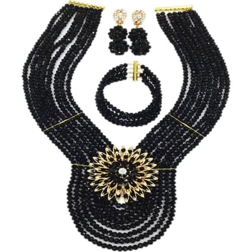 Black Nigerian Wedding African Beads Jewelry Set Crystal Beads Necklace Bracelet Earrings Sets 8WD10