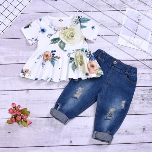Kid Girls Clothes 2 Piece Set Floral Printed Short Sleeve Crop Tops+Washed Holes Denim Pants Casual Toddler Kids Outfits 6M-3T