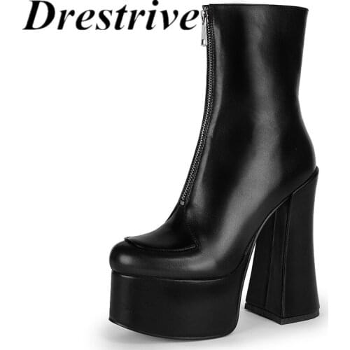 Drestrive Women Ankle Boots Pu Leather Black Platform New Arrival High Heel Shoes Woman Zipper Size 42 Round Toe