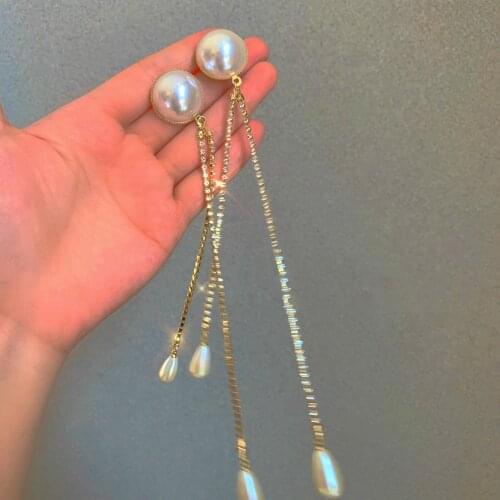Elegant Zircon Pearl Earrings for Women Long Metal Chain Tassel Dangle Earrings Female Delicate Jewelry Trendy Drop Earrings
