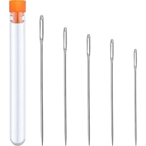LMDZ 5PCS 5 Size Large Eye Stitching Long Needles Kit with Needle Storage Tube 3.5inch to 6.8inch Hand Sewing Needles for Sewing