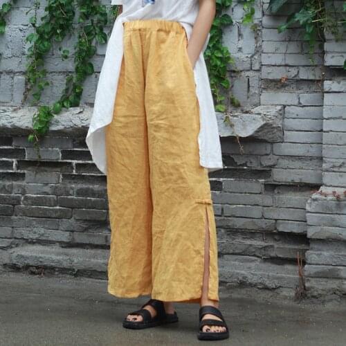 Johnature Women Solid Color Straight Pants Elastic Waist Ramie Summer Trouser 2021 New Pockets Button Loose Women Pants