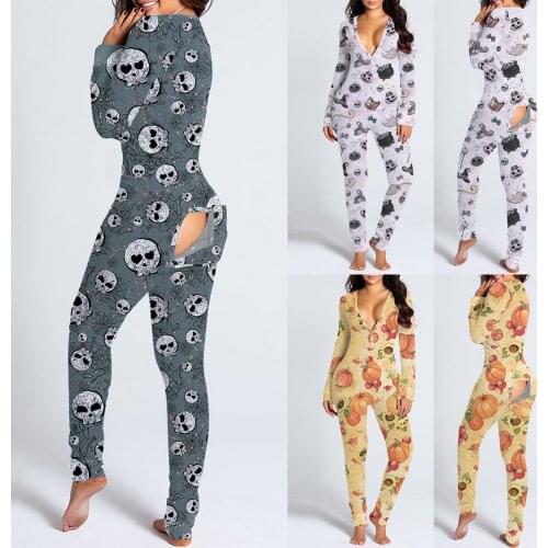 New Sexy Women Pajamas Halloween Print Onesies Button-down Front Functional Buttoned Flap Adults Pyjama Long Sleeve Jumpsuit