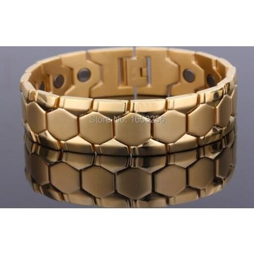 2015 New Mens Pure stainless steel Magnetic Therapy health care bangle Bracelet Gold 18mm 8.4
