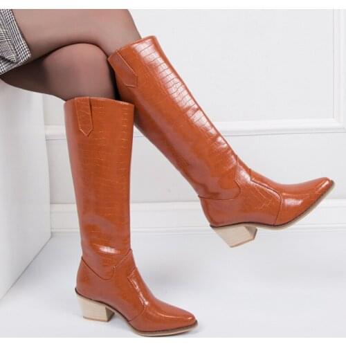 Autumn Knee High Boots Western Cowboy Boots for Women Long Winter Boots Pointed Toe Cowgirl wedges Motorcycle Boots Black 35-43