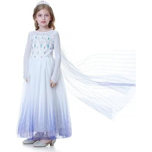 New Elsa 2 Girls Dress Up Costume Children Long Sleeve Print Nightgown Halloween Snow Queen 2 White Party Dress