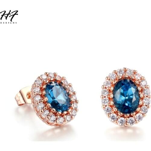 Luxury Ocean Blue Crystal Engagement Stud Earrings for Women Cubic Zirconia Rose Gold Color Fashion Jewelry Xmas Gift E109