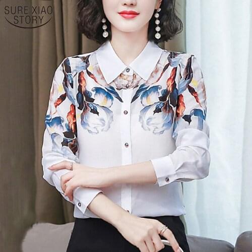 Retro Printed Mulberry Silk Shirt White Silk Shirt Womens Long-Sleeved 2021 New Spring and Autumn Elegant Chemisier Femme 10720