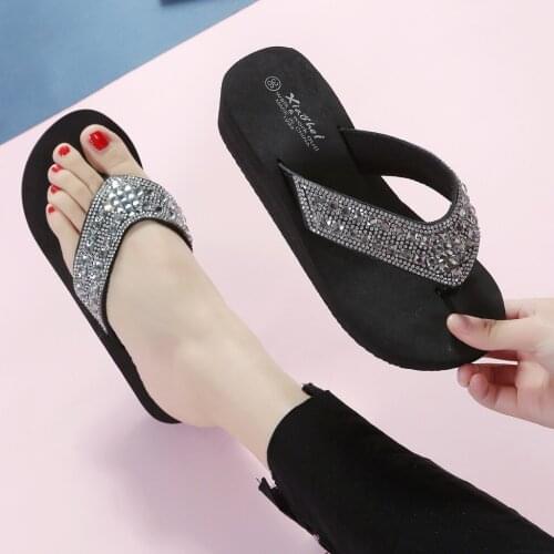 Rhinestone Wedges Flip Flops Summer Clip Toe Thick Bottom Sandals Comfortable Slippers Fashion Ladies Casual Beach Beauty Slide