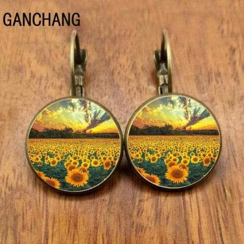 Sunflower sunset drawing glass earrings handmade gift, cute jewelry earrings