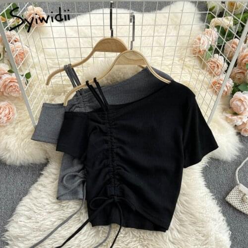 Syiwidii Short Sleeve T Shirts for Women 2021 Summer One Shoulder Strapless Camis Drawstring Folds Sexy Crop Top Streetwear Tees