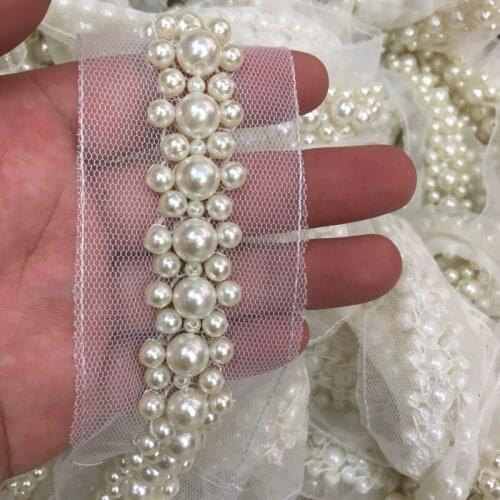 Free Shipping 1Yd 2cm Small Fake Pearl Beaded Lace Trim Black White Paillette Lace Beaded Trim Braid Lace Applique Z549
