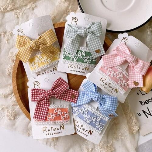 Bowknot hair clip Fabric Plaid Children Hairpin Sweet Handmade Lace Girl BB Clip hair accessories on the head