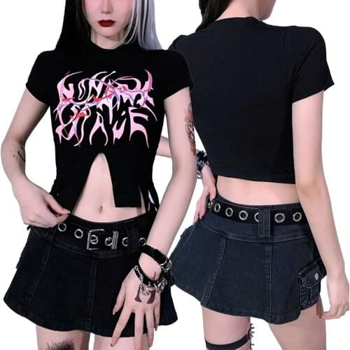 Women’s Casual Short Sleeve T-shirt Fashion Flame Printing Slim Fit Irregular Exposed Navel Tops