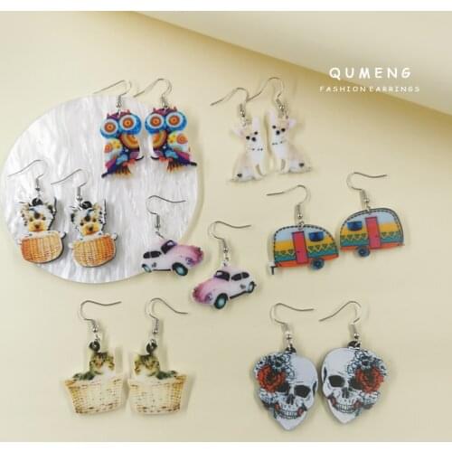 New Personality Skull Dog Kitten Car Pattern Colorful Graffiti Printed Acrylic Earrings For Women Hip-hop Funny Party Jewelry