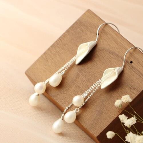 Handmade Creative calla lily Long Tassel Earring Inlaid Natural Freshwater Pearl Lady 925 Sterling Silver Earrings Fine Jewelry