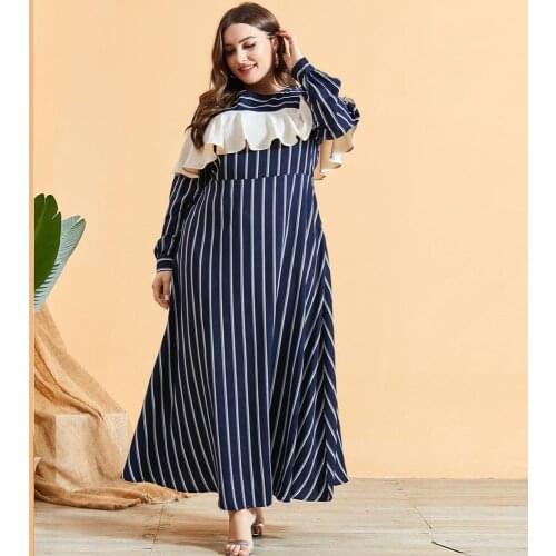 Fashion Striped A Line Long Dress Ruffles Cloak Maxi Women Dresses Elegant Party Robe Vestidos Navy blue Plus size M - 4XL
