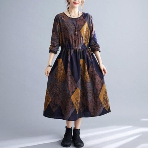 Women Cotton Linen Casual Dress New 2021 Autumn Vintage Style O-neck Print Loose Comfortable Female A-line Long Dresses B976