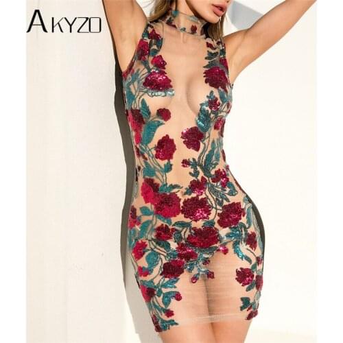 AKYZO Summer Mesh Embroidery Shirt Dress High Quality Women Sexy See Through Stand Bodycon Party Beach Mini Dresses