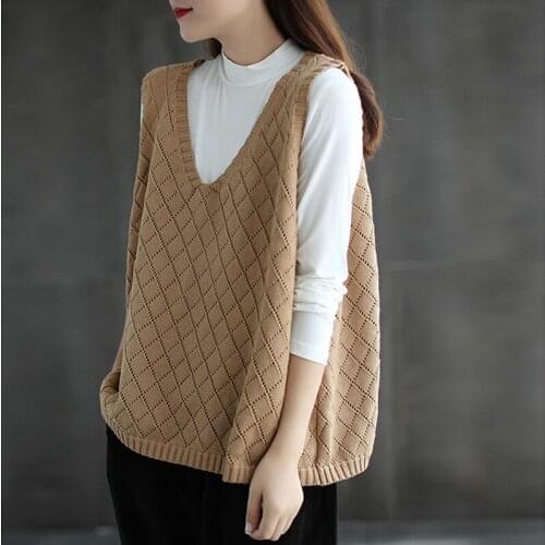 Womens Vest Sweater Pullovers Literary Style Vintage Diamond Pattern Classic Hollow Out V-Neck Loose Female Knitting Waistcoat
