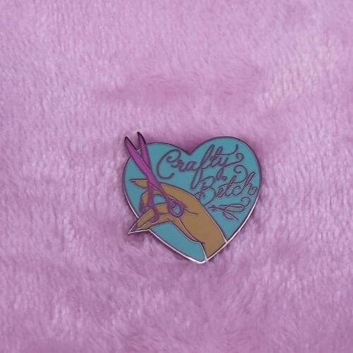 Crafty bitch enamel pin pink scissors brooch heart shape badge