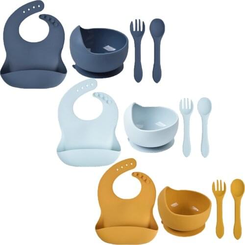 Baby Bib bowl spoon Fork silicone tableware children handle silicone spoon Suction bowl baby silicone bowl Lunch Feeding Set