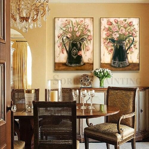 Europe Retro Classical Pink Flowers Vase Canvas Painting Home Dining Decor Wall Art Posters And Prints Pictures For Living Room