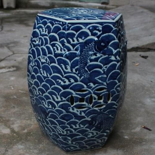 Jingdezhen Ceramic stool Handpainted Ancient Blue And White Seawater Fish Octagonal stool Outdoor Balcony porcelain stool
