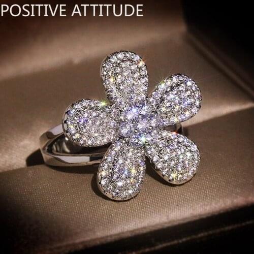Fashion 5 Leaf Flower AAAAA Cubic Zirconia Female Ring Adjustable Wedding Ball Friends Jewelry Gift Jewelry