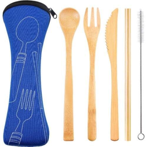 Reusable Bamboo Straw Spoon Fork Knife With Clean Brush & Cloth Bag Wedding Party Drinking Straw Set SN1915