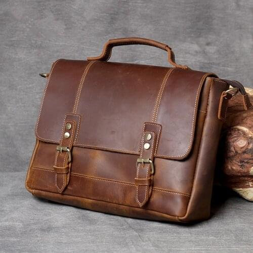 Retro simple high quality mens genuine leather briefcase top layer leather business laptop bag brown shoulder diagonal bag