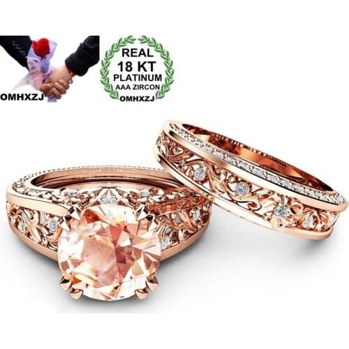 OMHXZJ Wholesale European Fashion Woman Man Party Wedding Gift Luxury White Champagne AAA Zircon 18KT Rose Gold Ring Set RR531