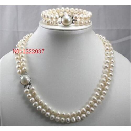 New natural 2 Row 7-8MM Freshwater Cultured pearls Necklace Bracelet Jewelry Set