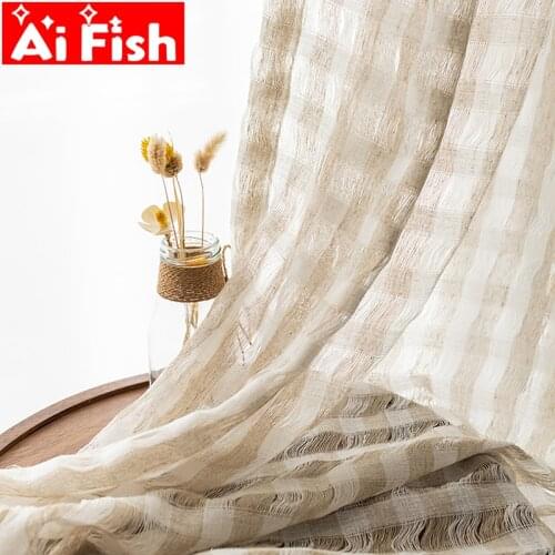 Japanese Pastoral Wrinkle Texture Bedroom Tulle Curtains Hollow Grid Design Window Screen Gauze Voile for Living Room MY235#35