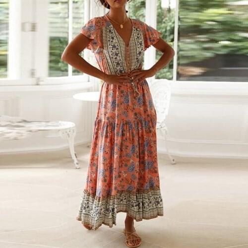 V Neck Sexy Boho Dress Short Petal Sleeve Print Cotton Long Dresses for Women Bohemian Drawstring Boho Summer Dress Vestidos