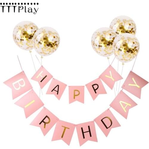 Pink Happy Birthday Banner Baby Shower Gold Confetti Balloons Letter Banner Birthday Party Decoration Girl Boy Kids Party Favors