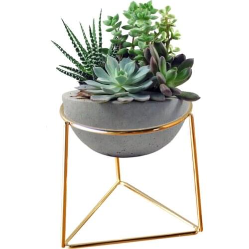 Creative Desktop White Mini Ceramic Plant Flower Pots Planter with Geometric Golden Iron Rack Holder for Flower Succulent Plants