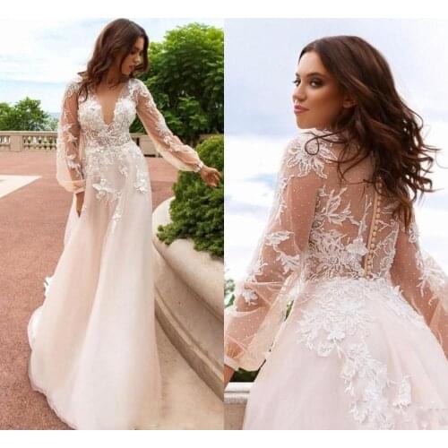 Champagne Lace Floral Vintage Beach Wedding Dresses V-neck Long Sleeves Bridal Dress A-line Sexy Boho Wedding Gowns