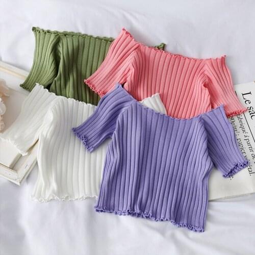 Women T-shirt Off Shoulder Knitting Crop Tops Women Fashion Solid Short Sleeve Skinny T-shirts Women 2020 Autumn