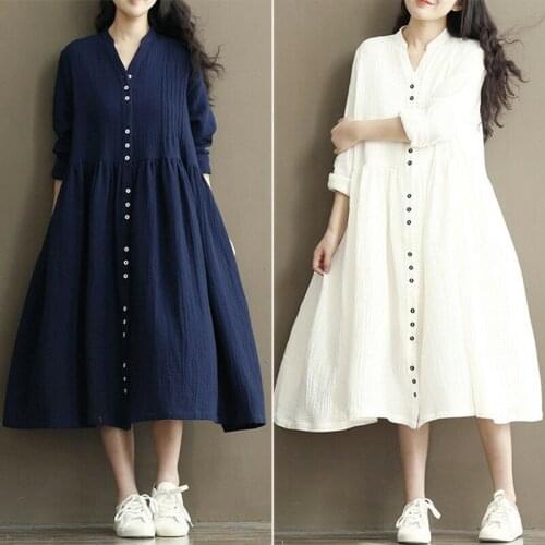 Women Cotton Linen Loose Casual Tunic Button Down Maxi Dress Blouse Summer Shirt